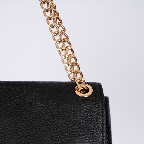 Michael Kors Fulton Flap Shoulder Bag Black Pebbled Leather Gold-Tone Logo Chain - Picture 3 of 10